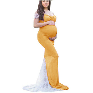 Robe longue extensible en coton rose pour femmes enceintes, vêtements de <span class=keywords><strong>grossesse</strong></span> en jersey, robes de maternité de grande taille pour séance photo, sans épaule - Product Image 4