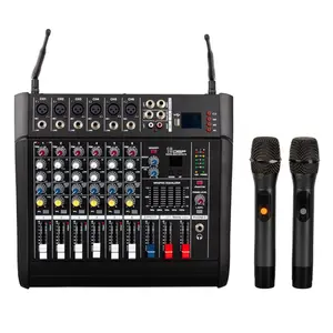 Mixer suara 6 arah amplifier daya bawaan profesional dengan 2 mikrofon nirkabel mixer audio bertenaga daya 6 saluran