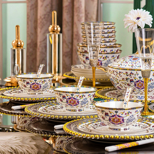 <span class=keywords><strong>Service</strong></span> de table en porcelaine blanche à bord <span class=keywords><strong>doré</strong></span> de luxe, style européen, motif floral émaillé, bols à soupe, <span class=keywords><strong>vaisselle</strong></span> de mariage - Product Image 4