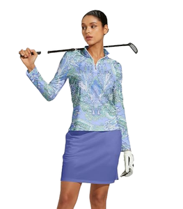 Polo de golf pour femme à manches longues avec imprimé paisley, tissu tricoté à séchage rapide, motif bleu, style décontracté - Product Image 1
