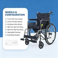 Fauteuil roulant manuel pliable avec roues avant de 7 pouces, roues arrière de 24 pouces, cadre en acier, siège en tissu Oxford pour les soins hospitaliers