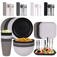 Ensemble de vaisselle portable pour le camping en plein air, assiettes, tasses, couteaux, fourchettes, cuillères, style minimaliste rayé en plastique peint à la main, transfrontalier