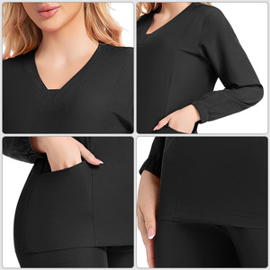 Women's Solid Color V Neck Long Sleeve Scrub Set Moisture Wicking Knitted Hospital Uniform Split Set Workwear - Product Image 3