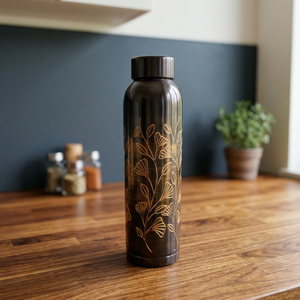 Premium Midnight Black Laser Etched Pure Copper Water Bottle 1000ml Ginkgo Leaf Pattern Ayurvedic Flask Dual Tone Gym <b>Drinkware</b> - Product Image 1