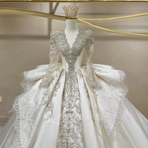 Robe de mariée JFH112 glamour en satin à col en V avec cristaux, appliques florales modernes, traîne chapelle, longueur ras du sol pour femme - Product Image 3