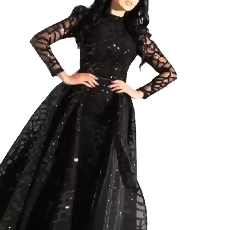 Luxury Black Long Sleeve Long Gown Bling Party Elegant Evening Dresses Women