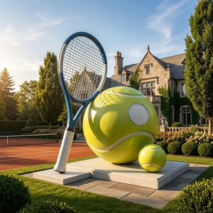 Sculpture géante sur le thème de la raquette et de la balle de tennis en acier inoxydable avec logo personnalisé OEM pour centre commercial, parc sportif, club, aménagement paysager - Product Image 2