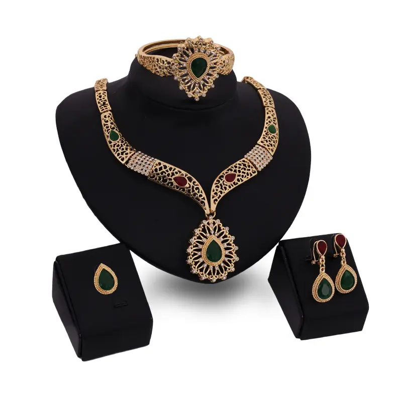 X4168 Fashion Indian wedding jewelry set Alloy Gold Necklace earrings bracelet and ring 4pcs jewelry set