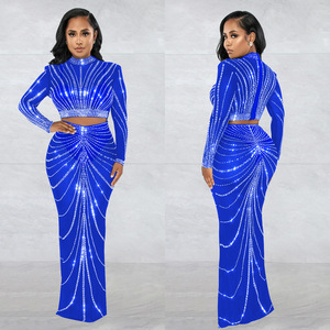 Lang Jun's Black Mesh Hot Stamping Diamond Perspective Tight Sexy Long Dress Ensemble de deux pièces pour les spectacles de discothèque et de bar - Product Image 4