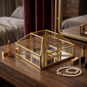 Artisan Design Table Top Decorative Holder for Cosmetics Jewelry & Rings with Unique Glass <b>Mirror</b> Brass Finish - Product Image 1