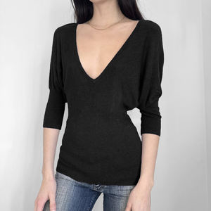 Camiseta de Punto de Color Sólido con Cuello en V para Mujer, Ajustada, de Manga Larga, Elástica, Informal, Estilo Urbano, de Moda - Product Image 6