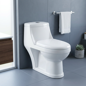 WC monobloc en céramique indienne Morbi, à chasse d'eau double siphonique, à sortie au sol, blanc - Product Image 1