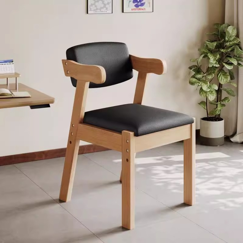 Solid wood in natural wood color + black leather upholstery