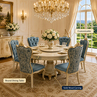 Ensemble de table à manger ronde en marbre de style français luxueux. Bois massif sculpté à la main. Convient aux salles à manger des maisons de luxe et des villas.