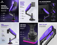 Support d'écran d'ordinateur incurvé Zeno Wholesale Purple Monitor Arm en métal, pivotant à 90 degrés, pour écrans de 17 à 42 pouces, avec lumière LED et hub USB