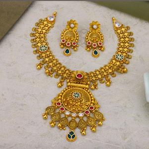 Intricate temple design red and green <b>stones</b> elegant bridal jewelry handcrafted festive wear traditional gold necklace set - Product Image 3