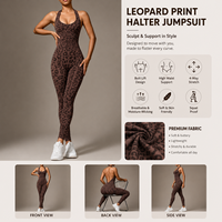 Combinaison de sport une pièce dos nu imprimé léopard pour le yoga, avec fesses froncées, légère et respirante