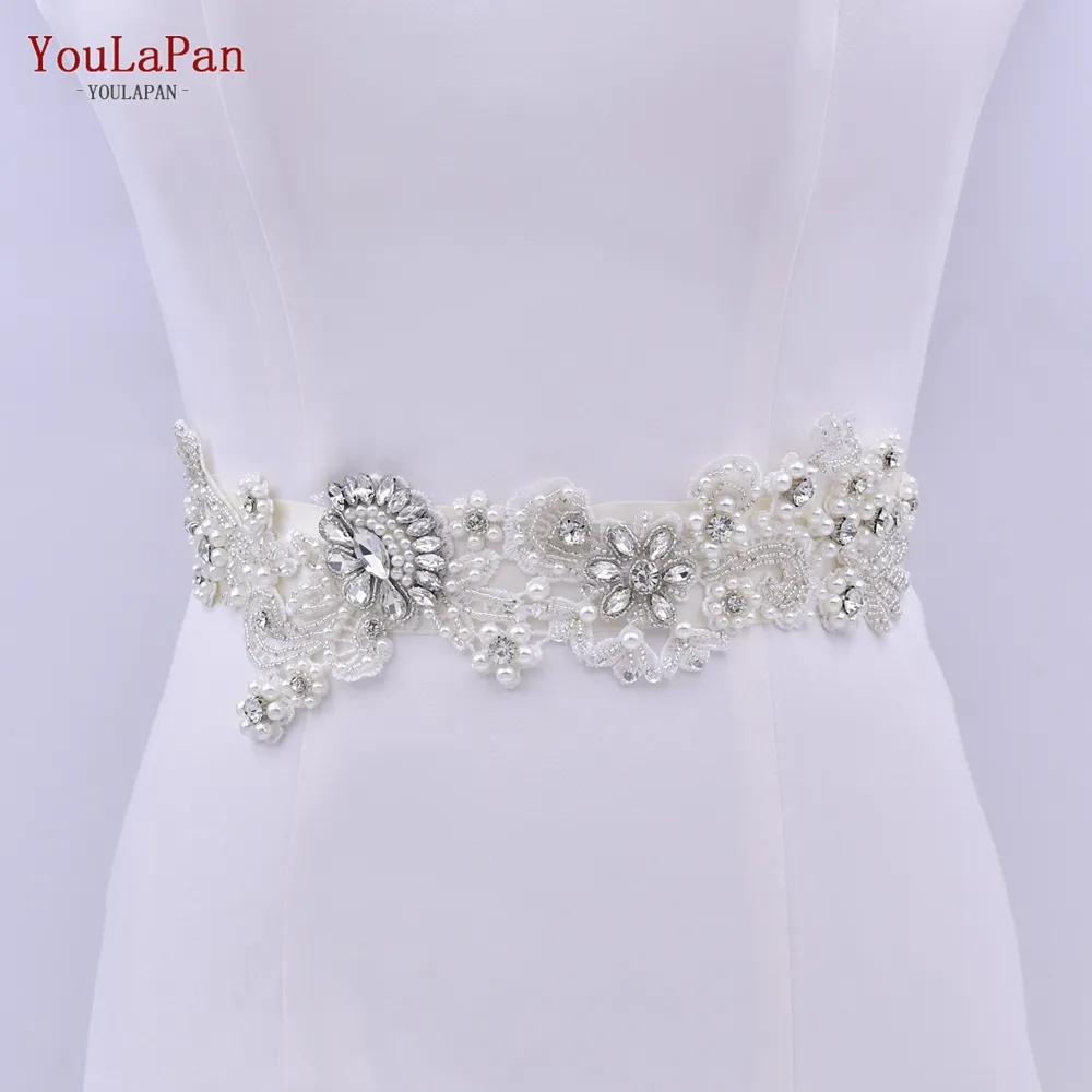 YouLaPan S157 Fashion White Embroidered Lace Applique For Belt And Shoulders, Rhinestone Pearls Women's Dress Belt Wedding Belt