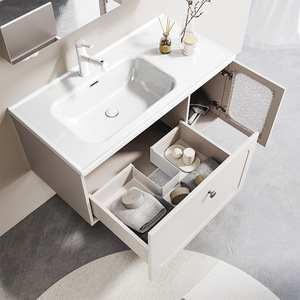 Meuble-lavabo de salle de bain moderne en bois massif style crème français avec vasque en céramique intégrée, miroir intelligent en cuivre, fixation murale, écologique - Product Image 4