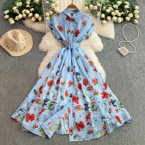 Vestido de Gasa con Cuello Estampado Estilo Retro para Mujer, Vestido de Verano con Botones - Product Image 2