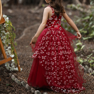 Vestido de Princesa para Niñas, Color Borgoña, Cuello Redondo, Vestido de Fiesta, Vestido de Dama de Honor con Lazo y Cola, Vestido Infantil - Product Image 3