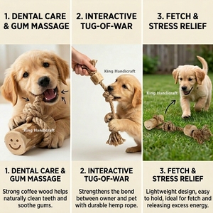 Eco-Friendly Coffee Wood Tug Toy with Braided Hemp <b>Rope</b> Sustainable Dog Chew for Dental Cleaning Small to Large Breed Dogs - Product Image 6