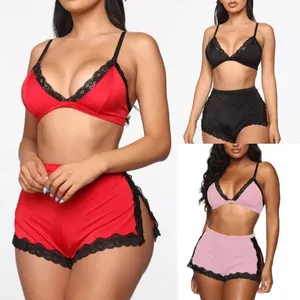 Plus Size Lace Trim V Neck Bra Shorts Set Sexy Satin Pajamas For Women Set Ladies Sexy Nightwear