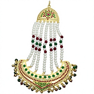 Premium acabado antiguo Kundan perla nupcial Pasa tachonado Jadau para mujeres tradicional chapado en oro cadena para el cabello joyería boda - Product Image 2
