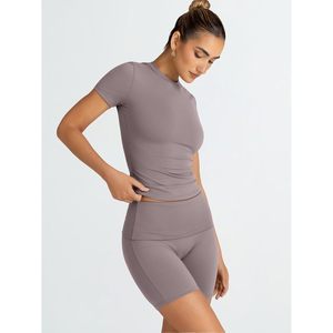 FOXA 2 Piece Yoga Set <b>Crop</b> <b>Top</b> Shorts Spandex Polyester Breathable Crew Neck Summer Workout Gym Pilates Active Wear - Product Image 3
