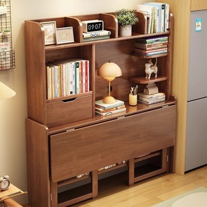 Solid Wood Folding <b>Desk</b> With Bookshelf Extendable Storage Study <b>Desk</b> For Bedroom <b>Small</b> Apartment Computer <b>Desk</b> Simple Office - Product Image 2