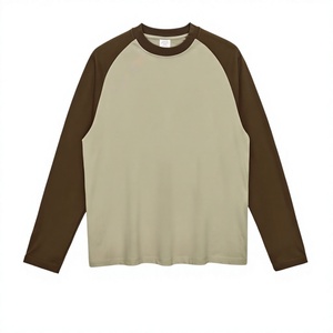 T-shirt da uomo girocollo a maniche lunghe raglan in cotone 100% da 270 grammi, vestibilità ampia, stile retrò, tinta unita con patchwork a contrasto - Product Image 3