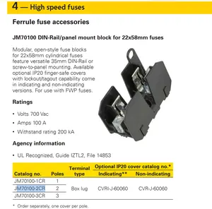 JM70100 Bloc de montage sur rail DIN/panneau pour blocs de fusibles 22x58mm céramique pv alumine fermée découpe cylindrique diazed EATON Bussman