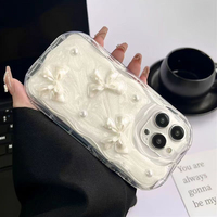 Étui de téléphone portable de luxe transparent à bords ondulés avec nœud perlé antichoc pour iPhone 16 15 14 Pro Max Plus