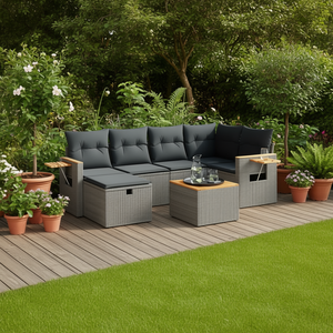 Moderno Conjunto de Sofás de Jardín de Ratán Gris, Muebles de Exterior de 6 Plazas con Almacenamiento, Diseño Contemporáneo - Product Image 2