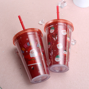 Christmas Themed Double Wall Plastic Straw Cup With Lid And Straw 500Ml For Holiday Gift - Product Image 4