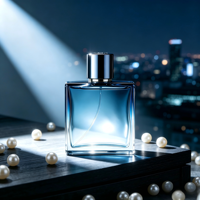 Flacon de parfum en verre plat de luxe, 50 ml, 100 ml. Flacon de parfum transparent avec un bouchon noir.