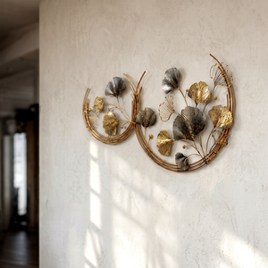 Décoration Murale Contemporaine en Métal Feuille de Ginkgo Or Argent, Sculpture Murale Semi-Circulaire à Suspendre, Panneau d'Accent pour la Décoration de la Maison et des Hôtels - Product Image 1