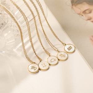 Wholesale Constellations <b>Necklace</b> 18K <b>Gold</b> Plated Stainless Steel Pendant Jewelry Shell Round <b>Coin</b> Zodiac <b>Necklace</b> for Womens - Product Image 1
