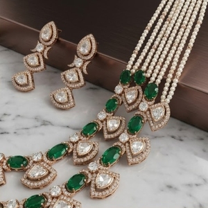 Elegant 925 Silver Green Stone Pearl Layered <b>Necklace</b> and Earrings Set for Women Traditional Indian Jewelry Wedding Party Wear - Product Image 4