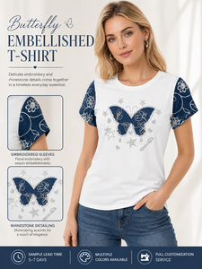 Fabricant OEM ODM, t-shirts pour femmes 100% coton avec manches en denim, coupe ajustée, style <span class=keywords><strong>italien</strong></span> boutique - Product Image 1
