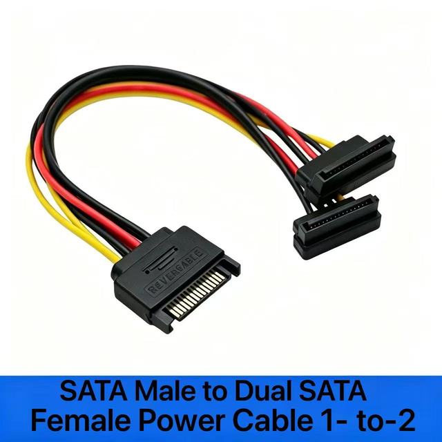 15Pin Reverse SATA Power 1-to-2 Splitter Extension Cable, Right Angle Connector