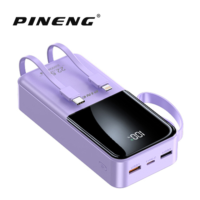 30000mAh Waterproof Double USB Power Bank with Built-in Cable & Plug Fast Charge LED Screen for