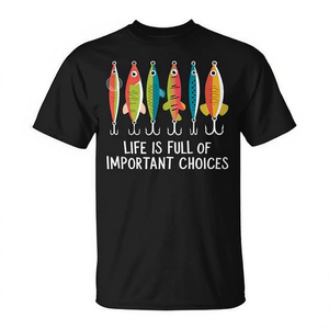 Camiseta con diseño de señuelos de pesca, Life Is Full Of Important Choices, ropa negra para hombre - Product Image 2