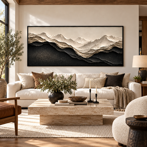 Peinture à l'huile texturée 3D paysage montagneux noir et blanc sur toile, art mural en relief superposé pour hôtel de luxe, bureau, salon - Product Image 1