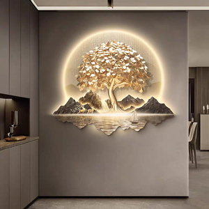 Quadro 3D con Albero della Fortuna Dorato, Decorazione Murale <span class=keywords><strong>per</strong></span> <span class=keywords><strong>Soggiorno</strong></span>, Sfondo Divano, Moderno Dipinto Luminoso di Lusso con LED - Product Image 3