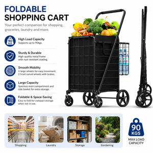 Chariot de courses pliable, capacité 100L, structure métallique robuste, 4 roues avec freins, 1 poignée, pour courses, linge, rangement, jardinage - Product Image 1