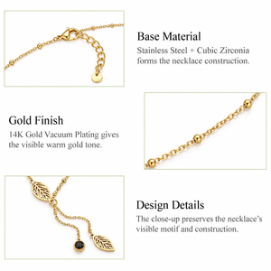 สร้อยคอแบบลาเรียต สแตนเลสสตีล ประดับเพชรคิวบิกเซอร์โคเนีย ชุบทอง 14K แบบสุญญากาศ ลายใบไม้ พร้อมลูกปัดสีดำ - Product Image 2