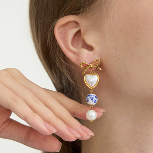 Heart-Shaped Pearl Drop <b>Earrings</b> With <b>Blue</b> Floral Bead Gold Bow Stainless Steel <b>Studs</b> For Women Everyday Wear - Product Image 3