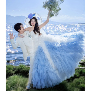 Blue Gradient Strapless Ball Gown Wedding Dress Tulle Natural Waistline For Photography And Travel Shoots - Product Image 2