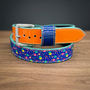 Ceinture de baseball réversible avec imprimé géométrique orange et bleu, boucle rectangulaire argentée, style décontracté - Product Image 4